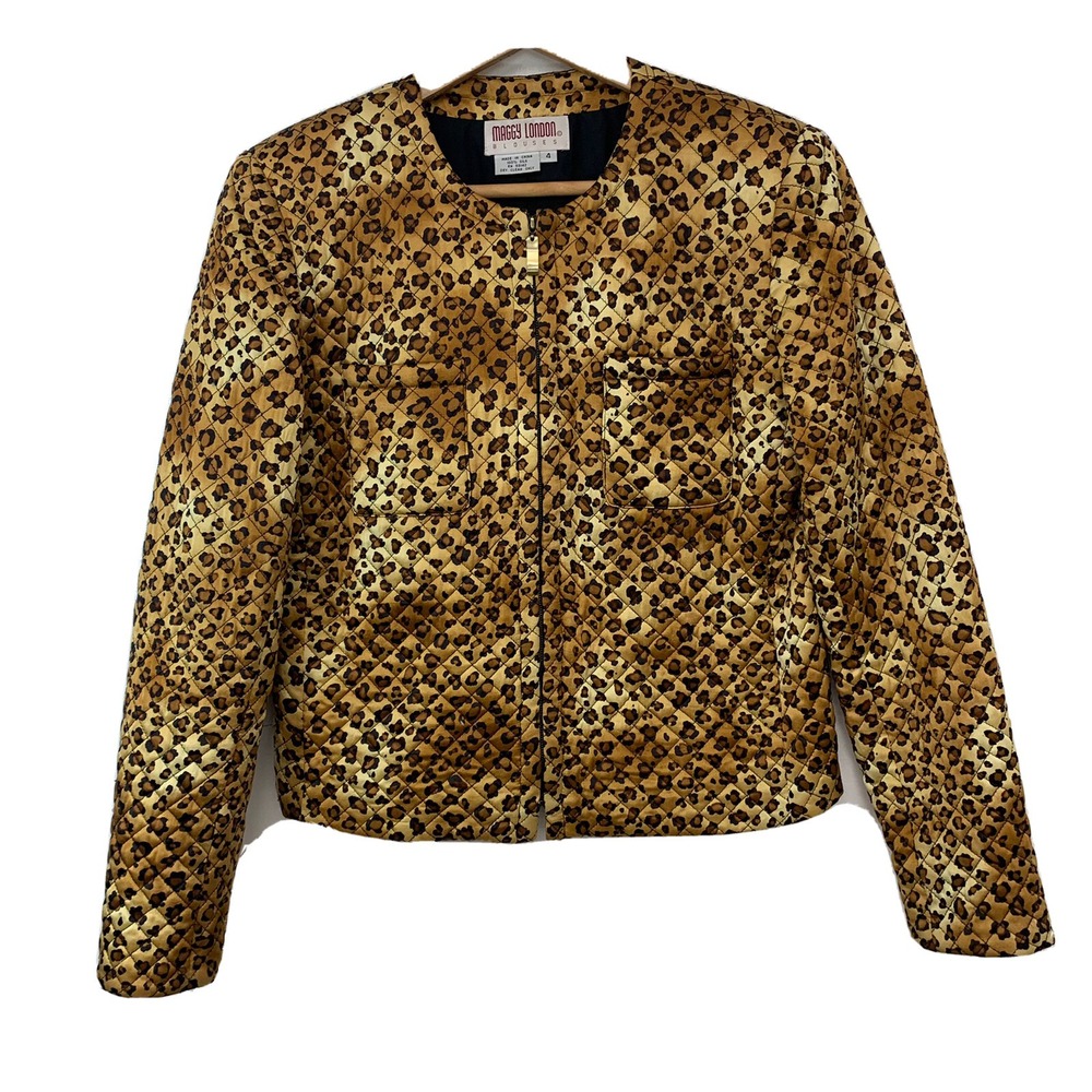 Maggie London Silk Quilted Leopard Print Jacket Woman 4 Full Zip Brown Light
